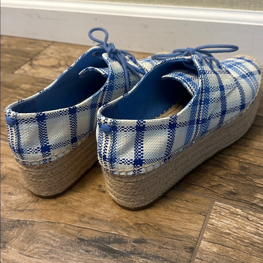 Tory Burch Blue and White Plaid Espadrille Platform Oxfords - Picture 4 of 6